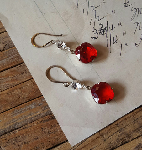 ruby red crystal and silver drop earrings