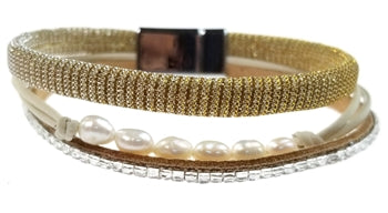 Gold Mesh Bracelet with Freshwater Pearls and Crystals