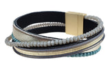 Gold Leather Bracelet with Grey and Blue Beads