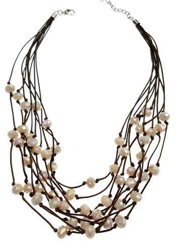 Brown Cord Necklace with Off White Faceted Beads